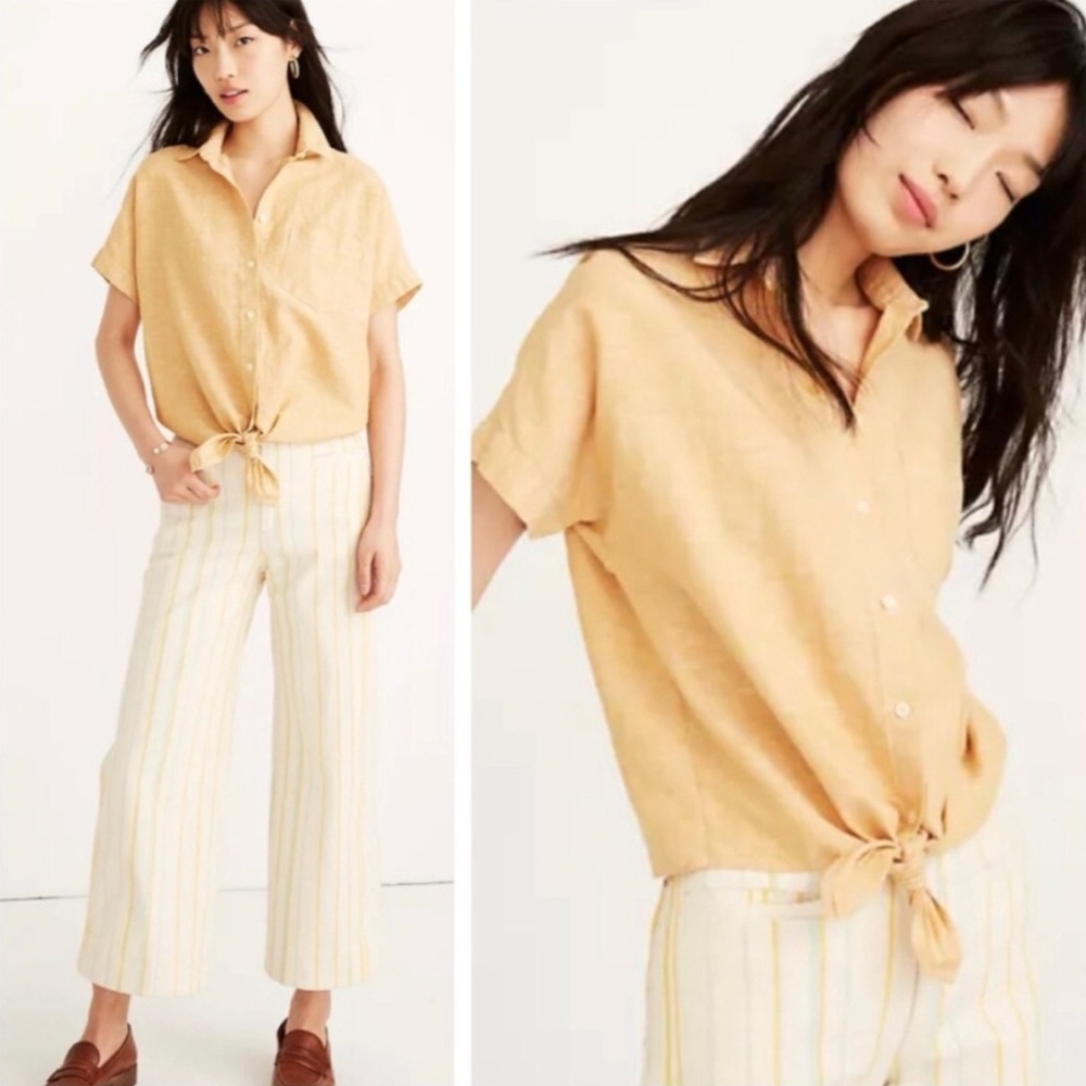 Madewell Linen/Cotton Tie Front Button-up Blouse - cornflower yellow - size M